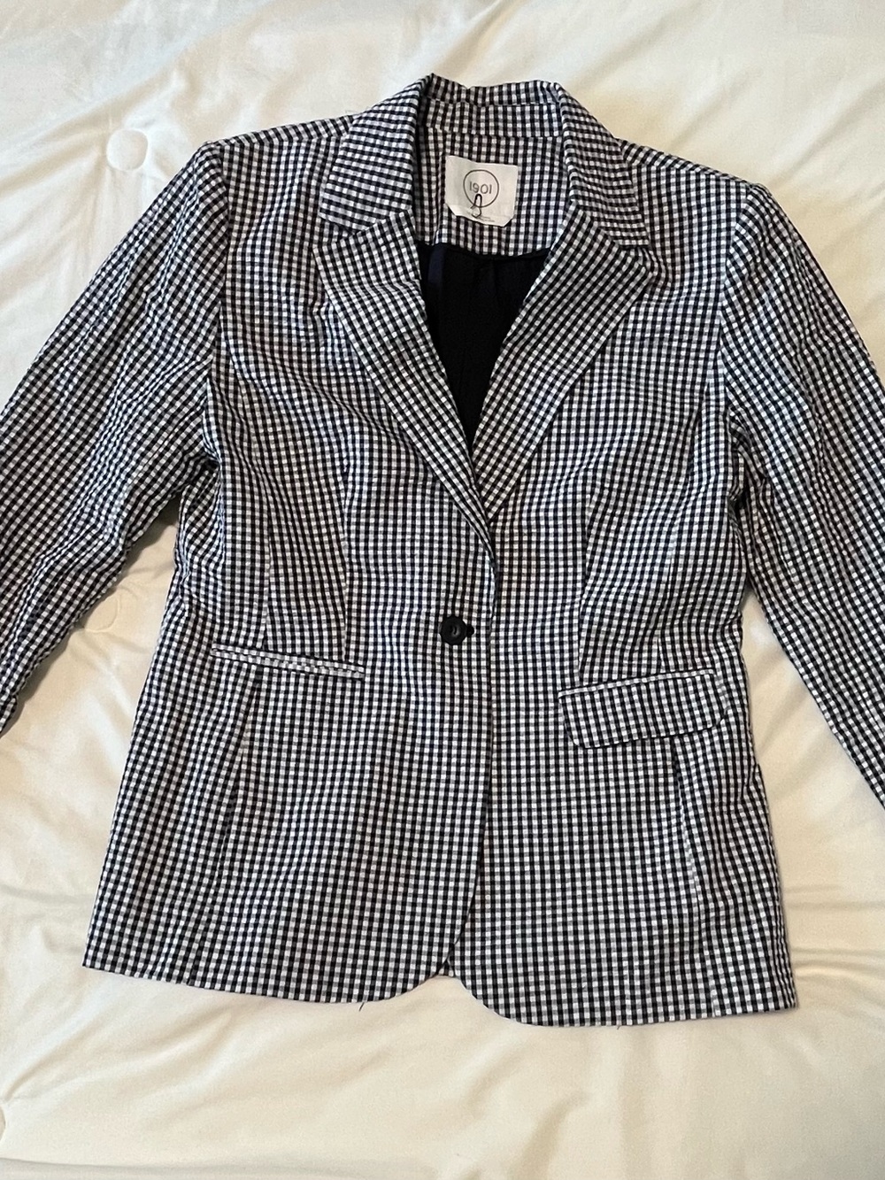 1901 Navy & White Gingham Single-Button Lined Blazer Size 14